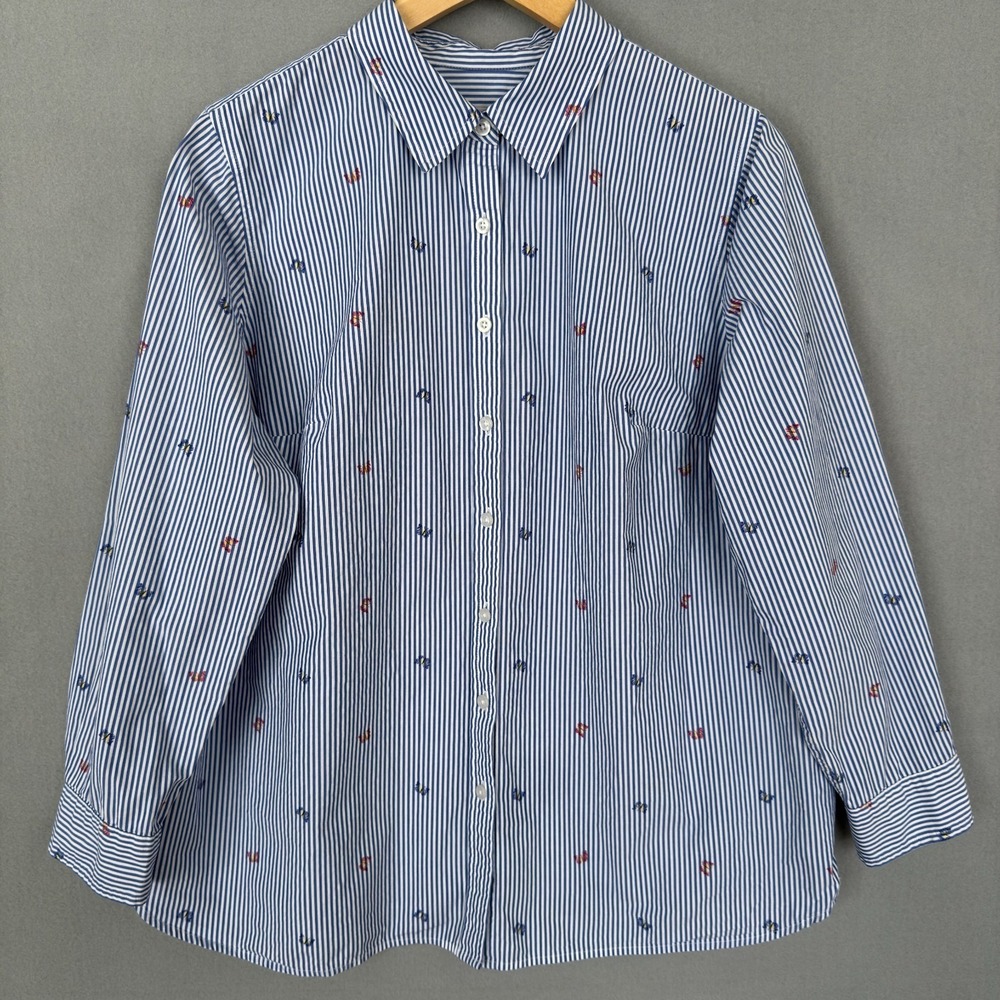 Talbots Women's 1X Button Up Shirt Blue White Striped Butterfly Cotton Preppy